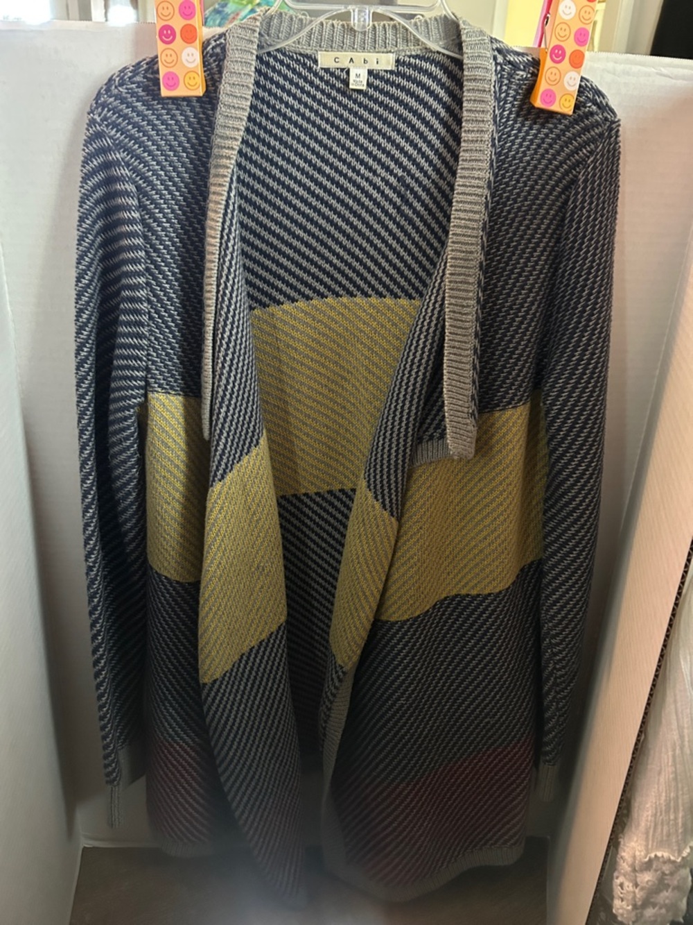 CAbi Navy and Mustard Open-Front Knit Cardigan